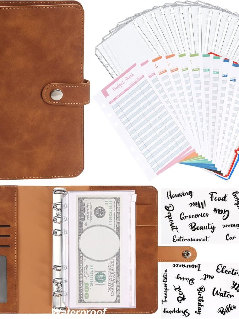 A6 Budget Binder, Soft PU Leather Notebook Binder Planner Cover with 16 Pockets